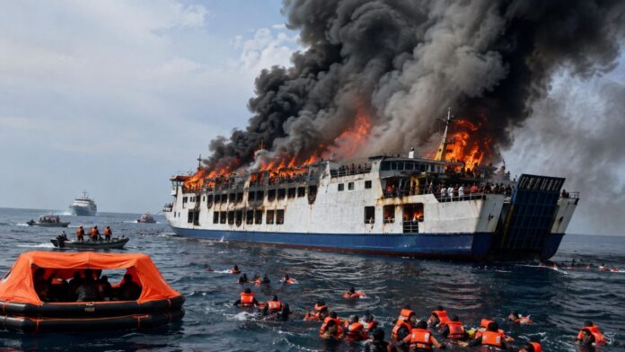 Massive fire breaks out on a moving ferry in Indonesia several people dead Massive fire breaks out on a moving ferry in Indonesia several people dead