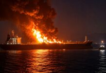होर्मुज के गेट पर बड़ा हमला! मिसाइल लगते ही तेल टैंकर में लगी भीषण आग Oil Tanker Ablaze Near Oman