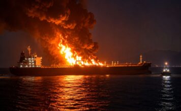 होर्मुज के गेट पर बड़ा हमला! मिसाइल लगते ही तेल टैंकर में लगी भीषण आग Oil Tanker Ablaze Near Oman