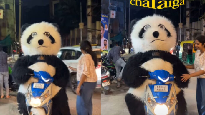 पांडा कॉस्ट्यूम में स्कूटी चलाने निकला शख्स, सड़क पर लगी भीड़, वीडियो देख लोटपोट हुए लोग