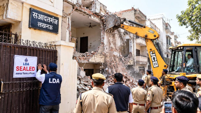 लखनऊ तिहरे हत्याकांड के बाद प्रशासन की कार्रवाई, आरोपी के मकान पर चला बुलडोजर